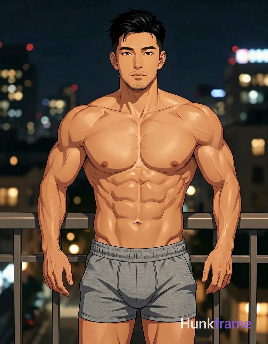 Asian adult man with light tan skin and short dark black hair styled upward at the crown, clean-shaven chin with light jawline stubble; Shirtless torso revealing broad shoulders, defined deltoids, visible biceps veins, six-pack abs, narrow waist, wearing gray sweatpants with elastic waistband; Standing upright leaning slightly forward against a balcony railing, arms bent at elbows resting on railings with hands open and relaxed; Nighttime urban setting with blurred city lights in background, high-contrast lighting creating soft highlights on skin texture; Vertical portrait composition 13:19, head near top third line, torso filling middle frame, legs cropped below waist; Polished anime style with expressive face; securely fitted underwear or swim trunks with complete frontal coverage; single clean uninterrupted artwork with a cohesive composition and plain continuous surrounding surfaces