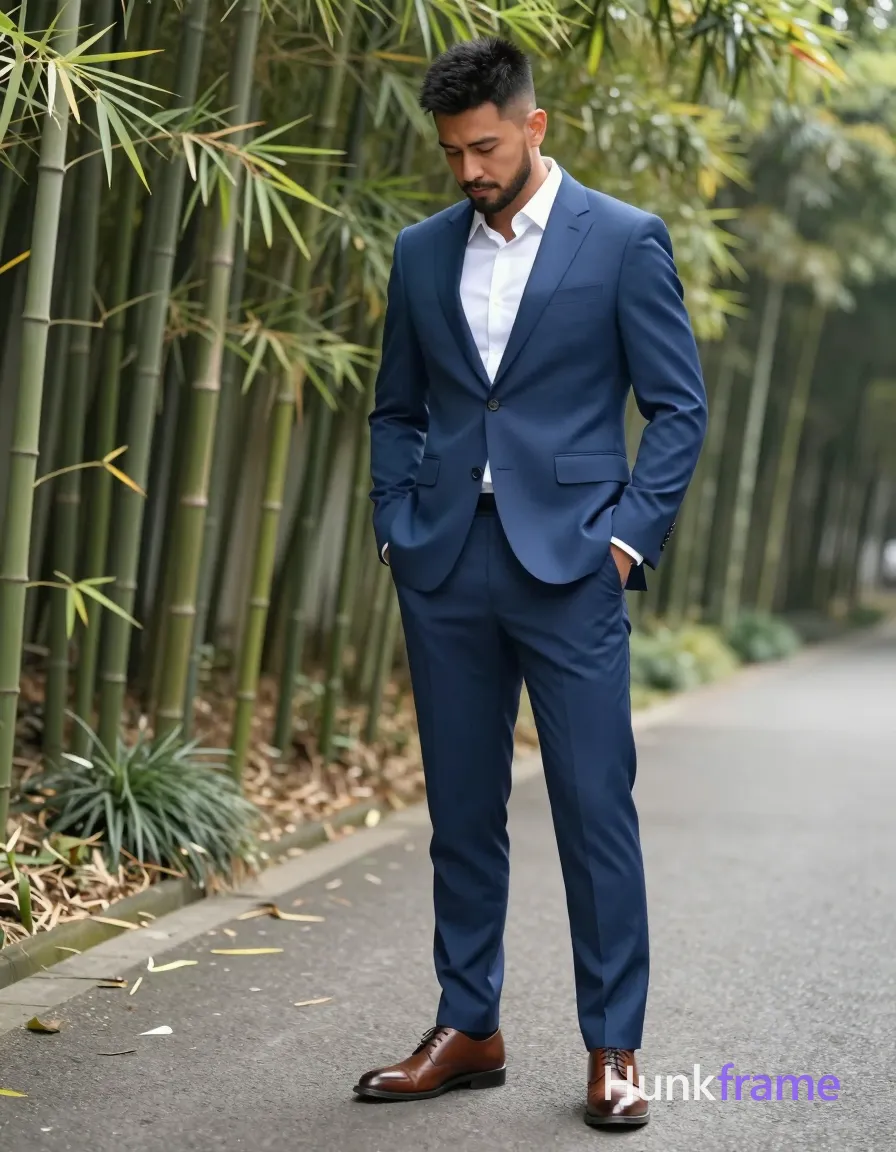 Adult masculine man in polished anime 2.5D next-gen game art style stands upright on paved path beside bamboo grove with hands in jacket pockets and head tilted down at approximately 30 degrees toward ground level; He has medium-brown skin, short black hair textured with slight volume top tapered sides back no visible parting styling product light stubble along jawline upper lip not fully shaved but full beard clean-shaven chin area minor shadow neutral slightly pensive gaze directed downward wearing blue single-breasted suit jacket buttoned at one visible button matching tailored trousers white collared dress shirt worn open neck without tie knot brown leather oxford-style shoes polished finish; Full body shot from head toe visible within frame boundaries center-right vertical axis occupying middle ground between bamboo foliage asphalt path overcast natural daylight soft shadows diffused overhead lighting shallow depth of field blurring background bamboo slightly keeping subject sharply focused high dynamic range preserv fine-art photography aesthetic, same aesthetic theme and photo feel as the reference but a different; single clean uninterrupted artwork with a cohesive composition and plain continuous surrounding surfaces