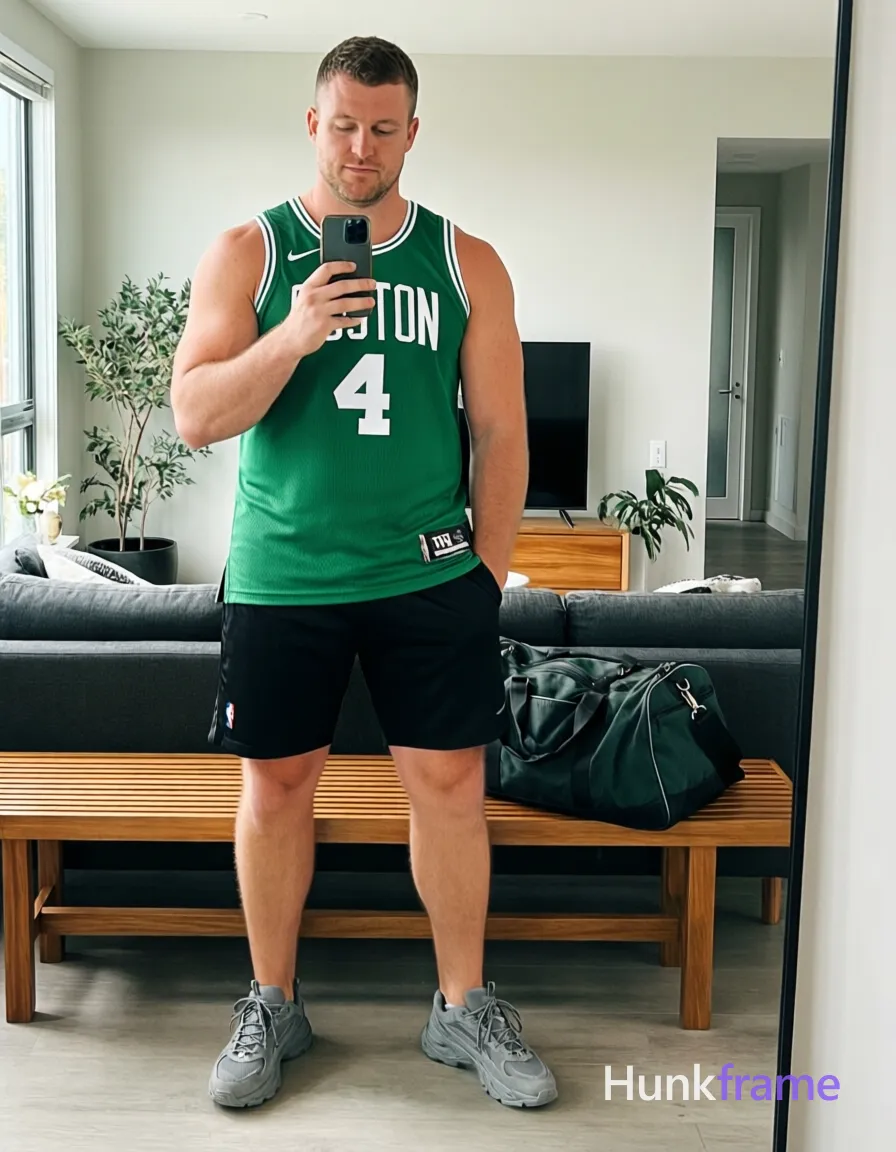 A handsome white man with short brown hair and a clean-shaven face stands in a modern apartment, holding his phone for a candid vertical selfie. He wears a green sleeveless basketball jersey with 'BOSTON 4' text, black athletic shorts, and grey chunky sneakers. His broad shoulders and thick thighs are visible as he leans casually near a wooden bench where a duffel bag rests. Include exactly one visible wordmark, spelled exactly "HF", as a small garment print; preserve its appropriate typography and scale. No other visible text, logo, caption, username, hashtag, comment, watermark, or UI chrome., a single uninterrupted photograph only, no written words or typography anywhere in frame, no captions, no app UI, no social-media post layout, no screenshot borders