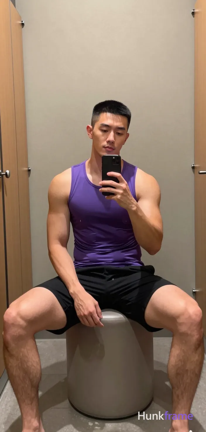 Asian man with short black buzz cut and light stubble sits on a cylindrical ottoman in a gym locker room, holding a black smartphone for a mirror selfie; He wears a tight purple sleeveless athletic tank top exposing his chest and abdomen, paired with mid-thigh black compression shorts showing thick thighs and muscular calves; The composition is vertical portrait 13:19, slightly tilted angle capturing the reflection in the mirror; Soft ambient indoor lighting from overhead fixtures illuminates light-medium skin tones against beige walls and wood paneling; Natural phone-camera aesthetic with confident casual mood, same aesthetic theme and photo feel as the reference but a different man in a different pose with distinct body proportions, Japanese man, soft masculine features, straight black hair, slim dancer build; single clean uninterrupted photograph with a cohesive editorial composition and plain continuous surrounding surfaces
