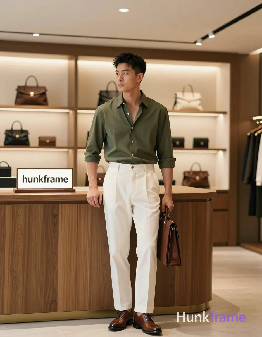 Asian man with short dark textured hair and clean-shaven face, standing upright in a luxury boutique interior; He wears an olive-green button-down shirt sleeves rolled to mid-forearm, top two buttons undone revealing neck collarbones and upper chest area partially visible due to open shirt buttons, white high-waisted trousers with pleated front and belt loops, brown leather dress shoes; Left hand resting on curved wooden counter edge, right arm bent holding briefcase at hip level; Full-body shot from knees up to ceiling vent, center-left foreground occupying vertical mid-to-lower frame with head near upper third line; Soft diffused indoor lighting from ceiling fixtures, accent backlighting behind shelving units creating glow effect on products; Clean composition with balanced negative space, shallow depth of field focusing on subject against softly blurred background elements; Sophisticated calm premium fashion editorial vibe; FULL TEXT REPLACEMENT: remove every original source word, sentence, slogan, logo, and partial spelling from the text-bearing area, then replace it with only the wordmark, spelled exactly "hunkframe" on the sign; single clean uninterrupted photograph with a cohesive editorial composition and plain continuous surrounding surfaces