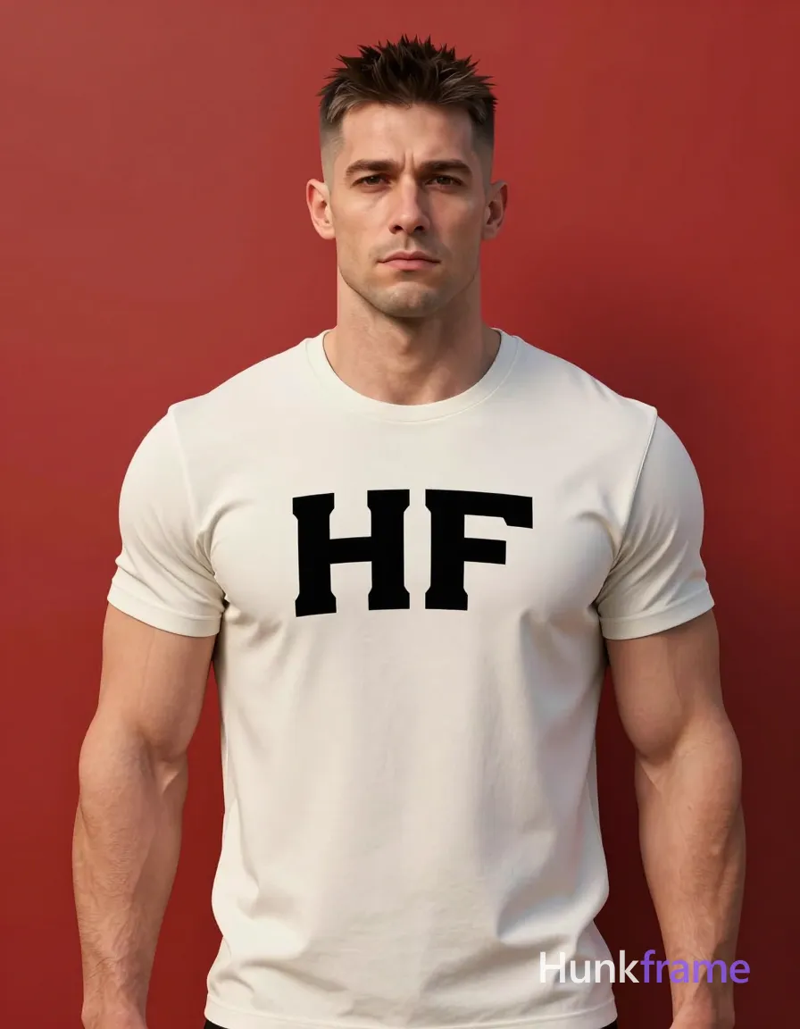 an anonymous figure adult man with short spiky dark brown hair fading to a tight buzz, clean-shaven face and neutral composed expression. He stands upright facing the camera with a slight forward lean against a solid bright red wall background. Wearing an off-white crew-neck t-shirt with black arched text reading 'HF' across the chest, sleeves rolled to mid-bicep showing defined biceps and triceps on broad shoulders. Waist-up portrait centered vertically. Soft frontal illumination creates subtle shadows under chin and nose. High contrast composition between natural skin tones and saturated red background. Clean fine-art photography with minimal retouching rendered in polished 2.5D next-gen game art style, featuring expressive facial rendering and athletic anatomy within the faithful pose. FULL GARMENT TEXT REPLACEMENT: remove every source garment word, sentence, slogan, logo, and partial brand spelling from every existing print area, then replace those source marks with only the wordmark, spelled exactly "HF". This is replacement, never addition: no original source letters may remain beside or behind it. Repeated "HF" marks are allowed only where the source garment already had printed text; preserve appropriate placement, typography, color, and scale. No other visible text, logo, caption, username, hashtag, comment, watermark, or UI chrome., a single uninterrupted photograph only, no written words or typography anywhere in frame, no captions, no app UI, no social-media post layout, no screenshot borders