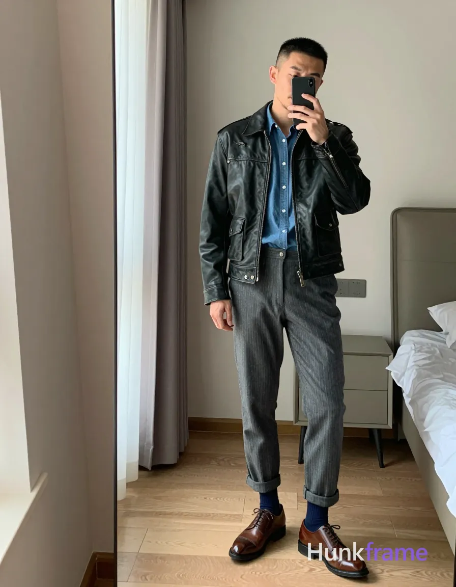 Asian man with short black buzz cut and light stubble stands casually in a modern apartment bedroom, facing a large wall mirror; He wears a worn-open black leather jacket revealing neck and collarbone, blue button-down shirt underneath, grey pinstripe trousers cuffed at ankles, dark blue crew socks to mid-calf, brown polished oxford shoes; Holding smartphone with right hand up to face capturing mirror selfie; phone partially obscures eye region; Right subject occupies foreground right half of frame; left side shows full-length mirror reflection from side angle aligned vertically; Natural window light illuminates beige walls and wooden floorboards; Xiaohongshu lifestyle photography, candid iPhone selfie energy, real scene vertical social-feed look; single clean uninterrupted photograph with a cohesive editorial composition and plain continuous surrounding surfaces