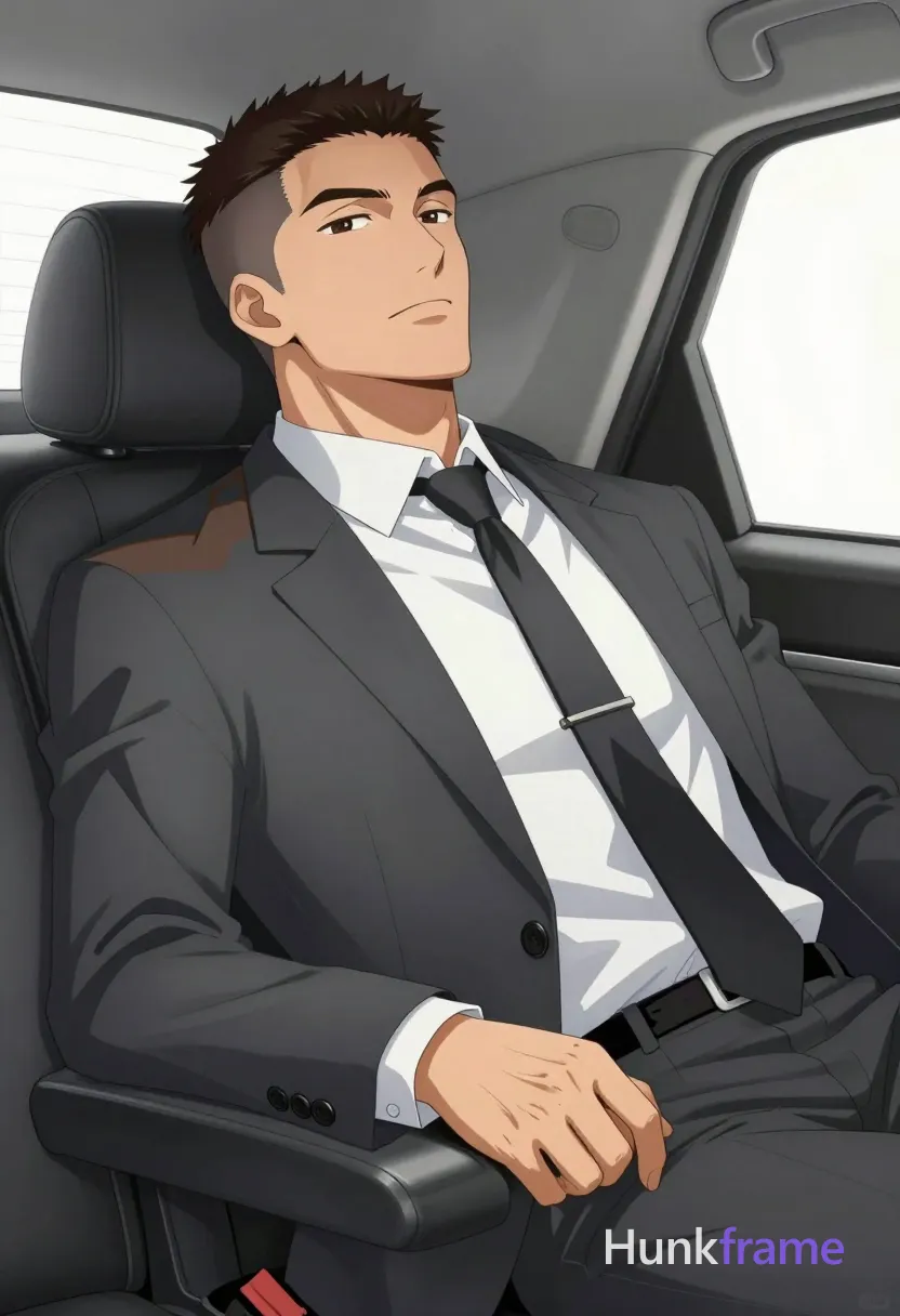 Asian man with short dark brown spiky undercut hair and clean-shaven face, neutral pensive gaze upward; Reclining diagonally in a vehicle seat against window, left arm bent hand near waist, right torso angled to viewer; Wearing dark grey charcoal suit jacket with two-toned brownish shoulder panel, white dress shirt collar buttoned to neck, black tie secured by silver clip; Fully clothed lean build adult male rendered as polished anime 2.5D next-gen game art character expressive face athletic anatomy high-quality rendering inside car interior setting; single clean uninterrupted artwork with a cohesive composition and plain continuous surrounding surfaces