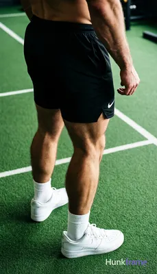 High-angle fashion editorial close-up on lower body of shirtless man with thick thighs and defined q