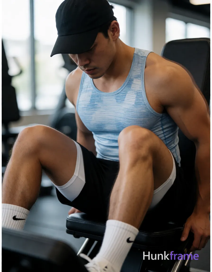 Asian man with light-medium skin seated on gym leg press in vertical portrait, legs spread wide V-shape exposing thick quadriceps and lower abdomen; He wears a black baseball cap tilted forward, a light blue and white patterned compression tank top clinging to broad shoulders and defined pectorals, black athletic shorts showing white inner lining at hemline, and white crew socks with small black Nike swoosh logos near ankles; Full arms including biceps are bare; hands rest lightly on inner thighs near knee caps; Neutral focused downward gaze under soft directional light from the left highlighting right shoulder against a blurred gym background with daylight windows; Slight motion blur edges for dynamic feel, high contrast between skin and dark clothing, same aesthetic theme and photo feel as the reference but a different man in a different pose with distinct body proportions, Middle Eastern man, tan skin, dark beard shadow, muscular but natural proportions; single clean uninterrupted photograph with a cohesive editorial composition and plain continuous surrounding surfaces