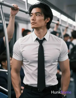 Asian man with light-medium warm skin, black medium-length side-parted hair, clean-shaven face, neut