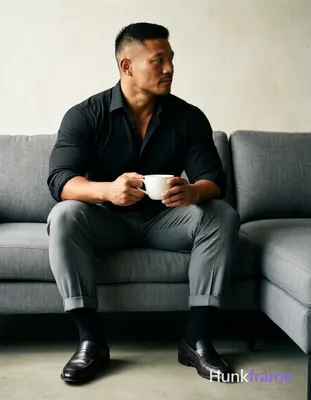 Asian man with medium-dark skin and short black fade hair sits left-center on a 
