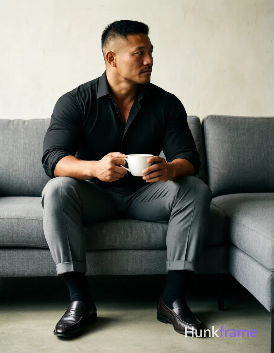 Asian man with medium-dark skin and short black fade hair sits left-center on a grey sectional sofa, fully clothed in a rolled-sleeve black button-up shirt, cuffed grey trousers, black socks, and leather loafers. He holds a white ceramic cup at waist level while gazing off-camera right with neutral expression. Broad shoulders and thick thighs are defined by soft directional key light from the left against an off-white textured wall background. High-resolution studio finish captures clean lines in this muscle-bear photography composition emphasizing rugged warm confidence., a single uninterrupted photograph only, no written words or typography anywhere in frame, no captions, no app UI, no social-media post layout, no screenshot borders