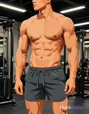 A bold flat-color poster design of a muscular adult man standing shirtless in an indoor gym, torso a
