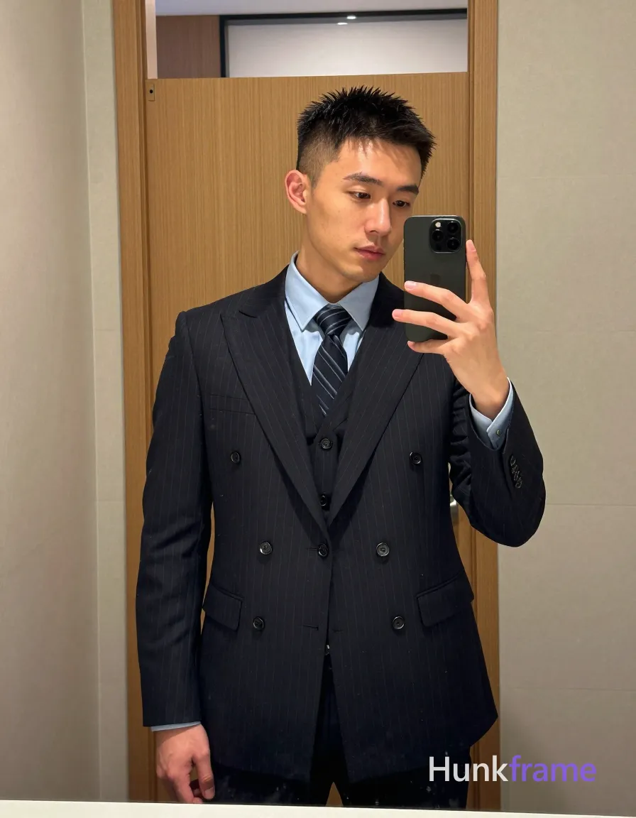 Asian man with short textured dark crop hair and clean-shaven face stands upright in a mirror reflection, holding black MagSafe smartphone to capture selfie; He wears a dark navy pinstripe double-breasted suit jacket over matching vest and light blue dress shirt collar with black striped tie knotted neatly at neck; Slim build physique visible from mid-thigh up; Indoor room setting with beige walls and wooden door frame behind him under soft ambient lighting reflecting in upper doorway glass panel; Polished, confident mood captured on 832x1216 canvas, shot on iPhone 15 Pro main camera, authentic smartphone computational photography, natural Smart HDR, vertical 9:16 Xiaohongshu lifestyle post, bright clean gym or cafe scene, wardrobe matching reference outfit, confident everyday blogger pose, phone photo with natural grain, phone held naturally in one hand for selfie, phone visible in frame; single clean uninterrupted photograph with a cohesive editorial composition and plain continuous surrounding surfaces