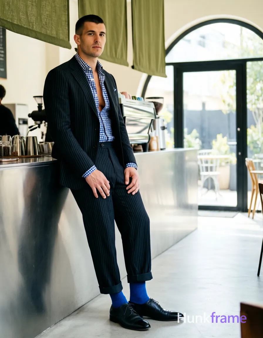 an anonymous figure man standing casually leaning against coffee bar counter in modern cafe interior, slim build with short black buzz cut and clean-shaven face wearing dark pinstripe suit jacket over blue-and-white gingham shirt top buttons undone revealing upper chest; Hands resting on thighs and lap relaxed posture showing solid blue crew-neck socks above black leather cap-toe shoes; Background features stainless steel counter, hanging olive-green fabric shades, arched glass doorway to patio visible behind him; High-key natural daylight streaming through arch creating soft shadows, shallow depth of field sharp focus on subject; Clean lines minimalist interior design vertical portrait composition 13:19 aspect ratio Xiaohongshu lifestyle influencer candid iPhone rear-camera snapshot energy real scene trendy vibe premium masculine styling homoerotic undertone exposed upper chest detail thick-thigh leg structure emphasized by cuffed trousers; single clean uninterrupted photograph with a cohesive editorial composition and plain continuous surrounding surfaces