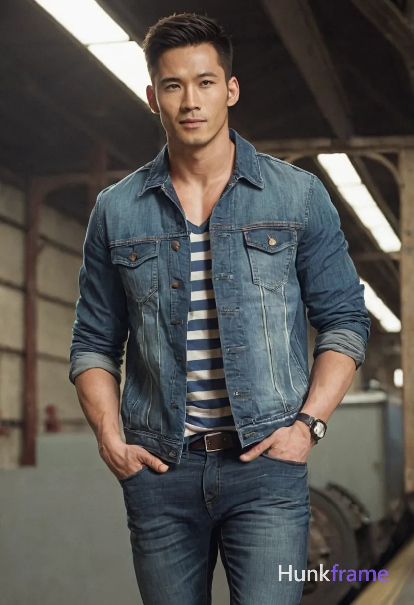 Photoreal photograph of a handsome masculine man standing with hands in pockets and slightly leaning forward. The image is cropped to torso level, showing his defined abs and thick muscular thighs. He wears a denim jacket over a striped shirt and jeans, set against an urban industrial backdrop featuring a train car. Soft lighting and muted tones create a moody atmosphere. The composition follows an 851:1280 aspect ratio in vertical portrait orientation with the head out of frame and shoulders visible