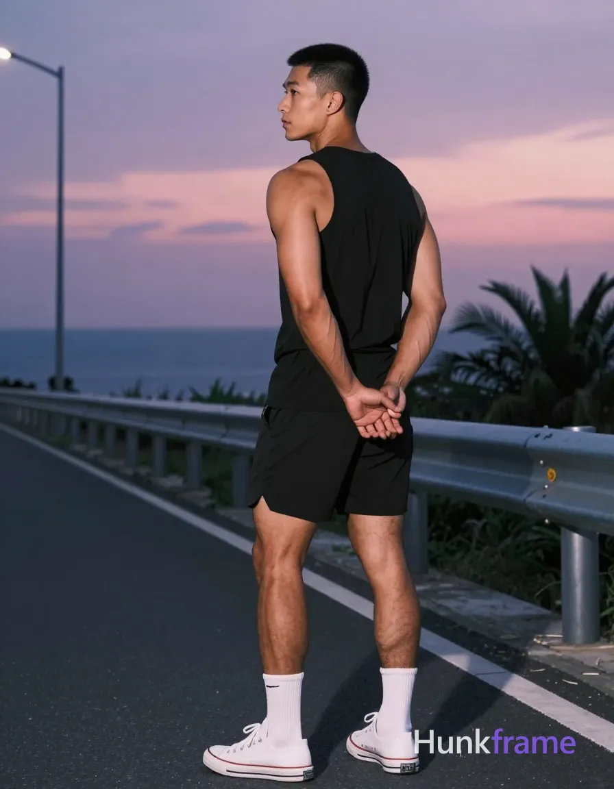 Asian man with medium-tan skin and short black buzz cut, clean-shaven face, neutral contemplative gaze toward horizon; Standing sideways to camera on coastal highway at dusk, back turned slightly, hands clasped behind lower back; Shirtless adult wearing fitted black sleeveless tank top showing muscle definition, black athletic shorts ending mid-thigh, white crew socks pulled to calf height, white low-top sneakers with visible laces and rubber soles; Entire back from neck to waistline exposed, full arms including biceps and forearms, thighs down to knees with subtle leg hair on calves; Broad shoulders, defined deltoids, visible biceps, thick thighs, lean waist; Full-body vertical shot occupying right third of frame near metal guardrail; Streetlights illuminated against twilight sky casting soft ambient glow from horizon; Deep purples and pinks in sky, cool blues over water, dark asphalt gray road, green palm fronds backdrop; Fine-art photography aesthetic with high dynamic range, sculpted musculature emphasized by lighting angle, serene homoerotic mood, same aesthetic theme and photo feel as the reference but a; single clean uninterrupted photograph with a cohesive editorial composition and plain continuous surrounding surfaces