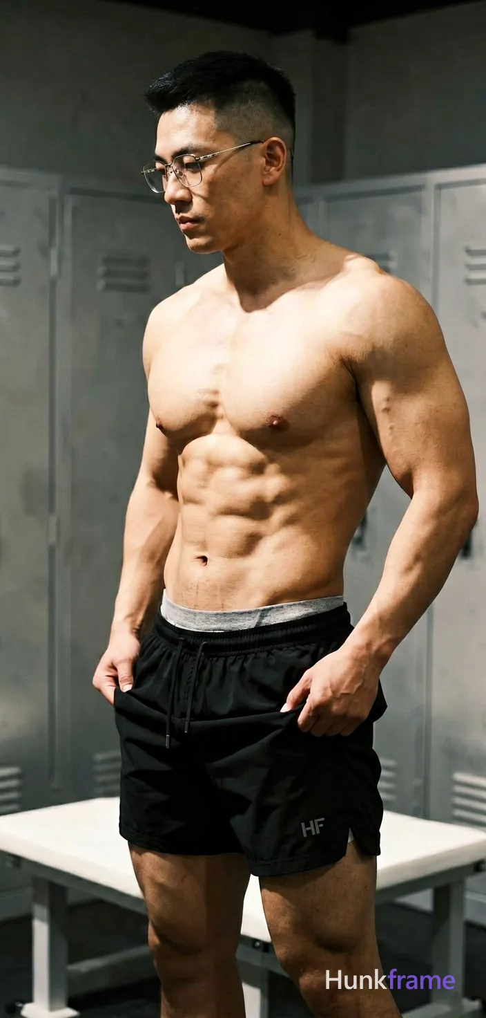 Asian man with short dark black hair high fade, thin metal frame rectangular glasses worn on face, clean-shaven; Standing profile facing left pulling up black athletic shorts waistband mid-thigh right side shirtless bare chest six-pack abs thick thighs visible gray inner waistband above outer fabric indoor locker room white bench dramatic directional lighting highlighting musculature high contrast shadows confident strength defined anatomy gym photography vertical portrait crop head to upper thighs The adult man visibly wears thin metal frame glasses worn on the face; clear lenses with no tint; rectangular to slightly rounded shape on his face; preserve the exact frame shape, rim style, color, material, and lens tint; FULL GARMENT TEXT REPLACEMENT: remove every source garment word, sentence, slogan, logo, and partial brand spelling from every existing print area, then replace those source marks with only the wordmark, spelled exactly "HF"; This is replacement, Repeated "HF" marks are allowed only where the source garment already had printed text; preserve appropriate placement, typography, color, and scale; single clean uninterrupted photograph with a cohesive editorial composition and plain continuous surrounding surfaces