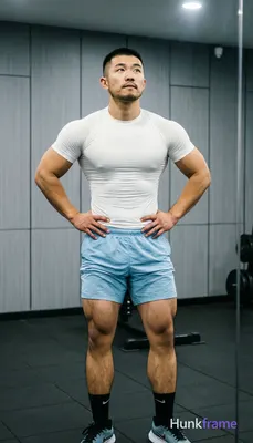 Asian man with short black buzz cut and light stubble stands in a gym mirror, hands on hips at waist