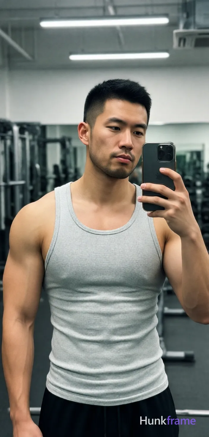 Asian man with short black buzz cut and light stubble stands in a gym interior, holding phone for mirror selfie; He wears a tight light grey ribbed cotton tank top covering his torso completely, displaying broad shoulders, defined deltoids, visible biceps, triceps, and tight abdominal definition; Neutral expression with slight pout, focused gaze at screen; Portrait framing from mid-thigh up in clean uncluttered background emphasizing physique under bright overhead fluorescent lighting; single clean uninterrupted photograph with a cohesive editorial composition and plain continuous surrounding surfaces