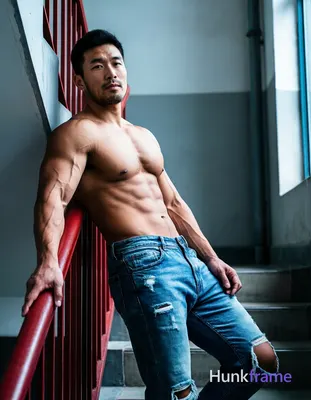 An Asian man with short black hair and light stubble leans back against a red me