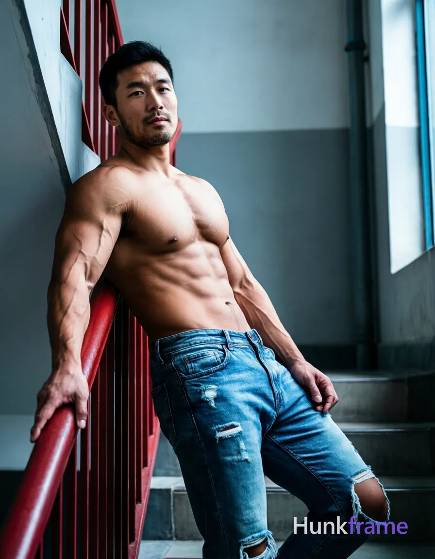 An Asian man with short black hair and light stubble leans back against a red metal railing in an urban stairwell. He is shirtless, displaying broad shoulders, defined pectorals, six-pack abs, visible arm veins, and tanned skin wearing blue ripped denim jeans. His left hand rests on the rail while his right hangs loosely by his side; legs are slightly apart mid-thigh up. Soft directional light from the right illuminates cool blues and muted greys against deep reds. High-contrast editorial photography with shallow depth of field, cinematic color grading, confident intimate mood