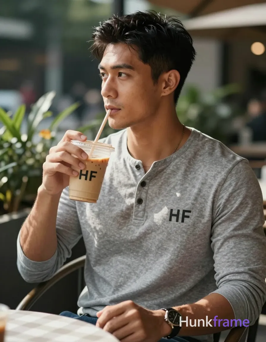 an anonymous figure man with light to medium tan skin and sun-kissed highlights on shoulders, short textured black hair swept forward; Clean-shaven face with neutral contemplative gaze looking left in profile while seated at outdoor café table holding tall plastic cup of iced coffee with straw in right hand; left hand resting on lap near watch; Wearing grey long-sleeve henley shirt with three-button placket fully clothed, lean build physique; Waist-up portrait centered medium shot under natural sunlight from upper left casting soft shadows; Shallow depth of field, blurred greenery background, checkered tablecloth visible; Muted earthy palette accented by foliage and coffee brown; XHS lifestyle photography style capturing candid social-feed energy with trendy influencer vibe; FULL GARMENT TEXT REPLACEMENT: remove every source garment word, sentence, slogan, logo, and partial brand spelling from every existing print area, then replace those source marks with only the wordmark, spelled exactly "HF"; This is replacement, Repeated "HF" marks are allowed only where the source garment already had printed text; preserve appropriate; single clean uninterrupted photograph with a cohesive editorial composition and plain continuous surrounding surfaces
