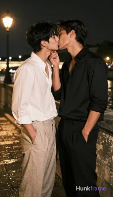 an anonymous figure men in a passionate kiss on the Parisian riverside at night;