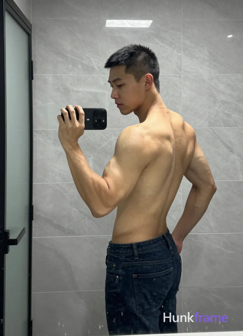 Asian man with short black buzz cut and clean-shaven face, standing sideways facing left in a candid high-resolution mirror selfie; He holds a black smartphone with both hands at chest level to capture the reflection while his right elbow flexes sharply showing bicep definition; left hand rests on hip; Shirtless adult male displays broad shoulders, defined lats, visible trapezius muscles, sculpted latissimus dorsi, and clear abdominal definition against light-medium skin tone with a trendy influencer vibe; Wearing dark blue slim-fit jeans only; Setting is a bathroom interior with light gray marble-effect tiled walls and frosted glass shower door on the left edge of frame; Soft overhead artificial lighting creates subtle shadows along spine and shoulder blades; Cool grays from tiles contrast deep navy denim and natural skin tones in this Xiaohongshu lifestyle vertical portrait composition; single clean uninterrupted photograph with a cohesive editorial composition and plain continuous surrounding surfaces