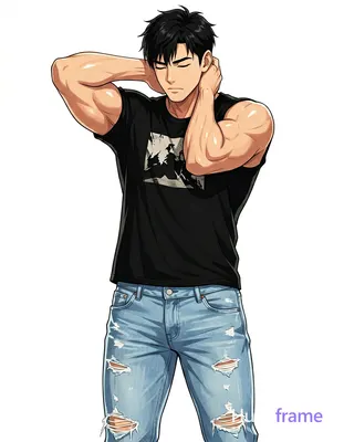 Polished anime 2.5D rendering of an adult man with short black hair and defined 