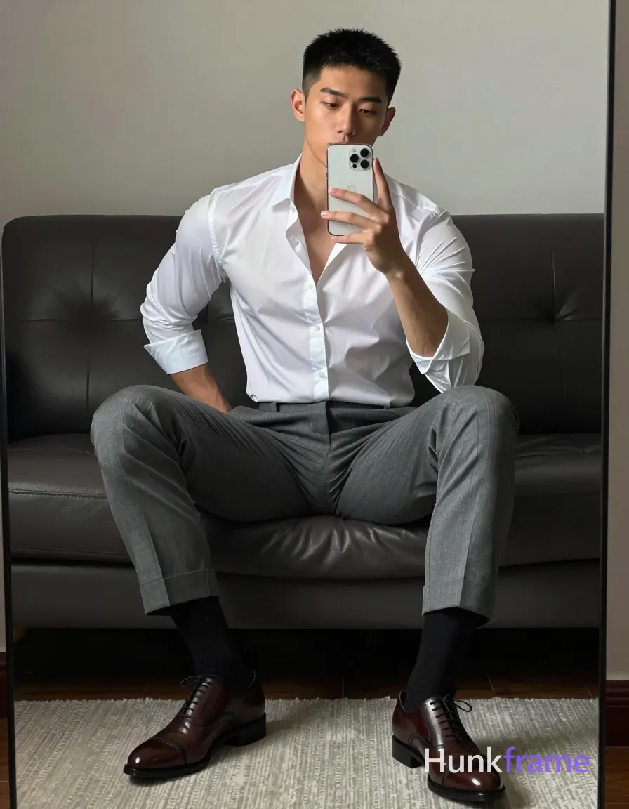 Asian man seated on dark leather sofa, legs spread knees bent taking mirror selfie with white smartphone at chest level. White long-sleeve button-up shirt subtle vertical stripes top two buttons undone revealing upper chest and collarbone artistic partial nude adult. Grey tailored trousers cuffed slightly above ankle black dress socks pulled up to mid-calf brown cap-toe oxford shoes visible on light-colored rug below. Broad shoulders defined pectorals toned arms short black buzz cut straight texture high forehead clean hairline clean-shaven neutral direct gaze at phone camera in mirror reflection left hand resting behind back near hip right arm raised holding smartphone. Indoor room featuring dark leather tufted sofa against light grey wall wooden floor partially covered by textured rug vertical mirror frame visible along right edge of image soft ambient indoor lighting creating gentle shadows on face and clothing folds white grey brown black palette polished confident stylish mood clean lines minimalist composition fine-art photography dramatic lighting sculpted poses premium fashion-editorial aesthetic handsome masculine subject tailored attire captured via mirror selfie composition 13:19 aspect ratio vertical portrait orientation, same aesthetic theme and photo feel as the reference but a different man in a different pose with distinct body proportions, lean Korean man, sharp jaw, monolid eyes, slim swimmer build, natural black hair, a single uninterrupted photograph only, no written words or typography anywhere in frame, no captions, no app UI, no social-media post layout, no screenshot borders