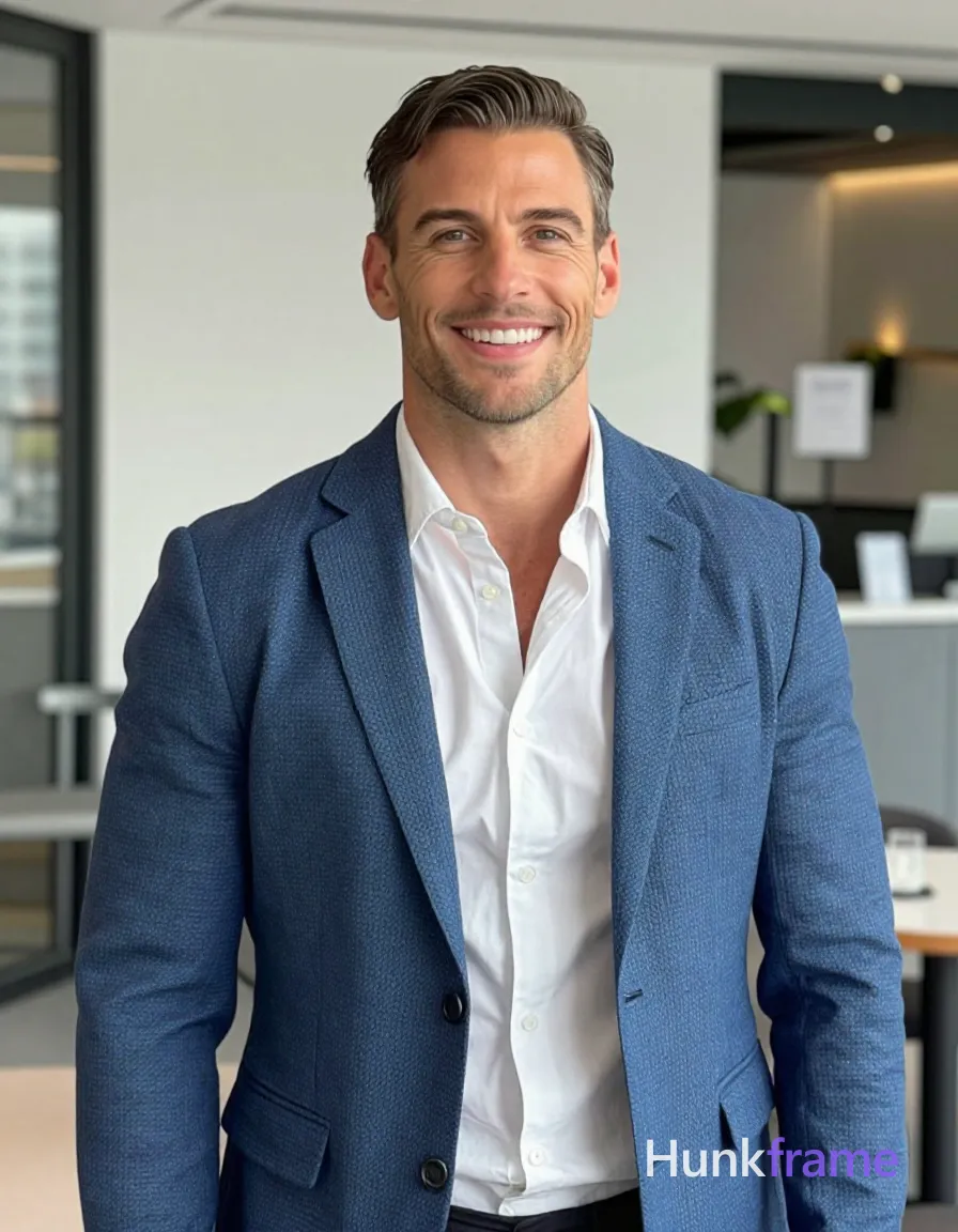 Adult white man, short dark brown hair with receding hairline and straight texture, smiling direct gaze; Wearing a blue textured blazer jacket worn open over a white button-down shirt, fully clothed adult slim build standing upright facing forward with shoulders relaxed and head centered in frame; Natural daylight illumination creating shallow depth of field with blurred city backdrop, clean professional portrait photography aesthetic, shot on iPhone 15 Pro main camera, authentic smartphone computational photography, natural Smart HDR, vertical 9:16 Xiaohongshu lifestyle post, bright clean gym or cafe scene, wardrobe matching reference outfit, confident everyday blogger pose, phone photo with natural grain; single clean uninterrupted photograph with a cohesive editorial composition and plain continuous surrounding surfaces
