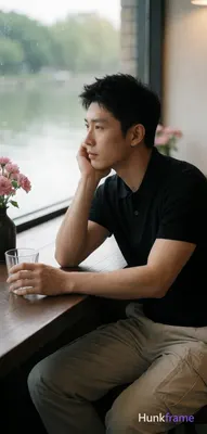 Asian man seated sideways at a dark wooden table in an indoor cafe, lean build w