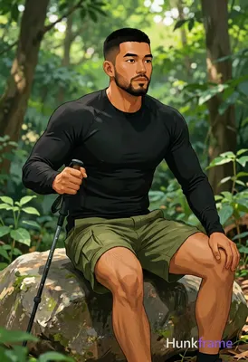 Asian man medium-tan skin short black buzz cut styled top light stubble seated on rock in forest tor