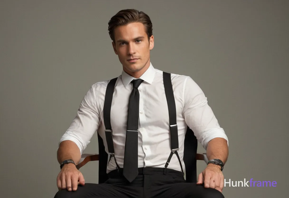 An athletic an anonymous figure man with dark eyes and natural skin tone sitting against a chair in a studio setting, leaning slightly forward with arms crossed over the backrest; white shirt and black suspenders, full body composition from head to toe; soft diffused lighting creating gentle shadows that accentuate his defined muscles; 480:341 aspect ratio horizontal landscape orientation