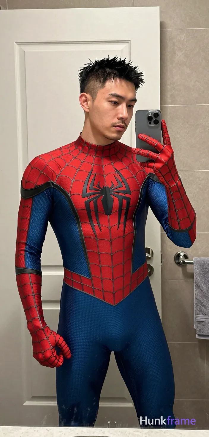 Asian man with light-medium skin and short black spiky cut with fade sides, stubble. Standing facing mirror, left hand on hip with fist clenched, right arm raised holding silver smartphone in gloved web-patterned Spider-Man glove against chest to capture selfie reflection. Wearing full-body red and blue textured Spandex suit with black spider emblem on red chest panel. Vertical phone-crop showing head to mid-thighs, center-left occupying majority of frame. Bathroom interior setting with white paneled door behind subject, beige tiled wall, chrome towel bar with gray towel hanging right side. Soft overhead bathroom lighting providing even illumination on face and suit texture. Mirror selfie aesthetic, smartphone-camera framing. Mood casual self-assured focused., shot on iPhone 15 Pro main camera, authentic smartphone computational photography, natural Smart HDR, vertical 9:16 Xiaohongshu lifestyle post, bright clean gym or cafe scene, wardrobe matching reference outfit, confident everyday blogger pose, phone photo with natural grain, phone held naturally in one hand for selfie, phone visible in frame, a single uninterrupted photograph only, no written words or typography anywhere in frame, no captions, no app UI, no social-media post layout, no screenshot borders