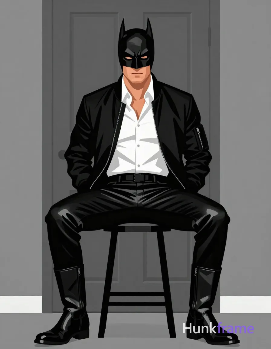 Bold flat-color wall art poster of an adult man seated on a stool against a plain wall with a dark gray paneled door, legs spread apart with knees bent and feet planted. He wears a black leather Batman-style cowl mask covering eyes, white collared dress shirt worn open under a black bomber jacket (sleeves pushed up to elbows), shiny black faux-leather pants extending to mid-calf, paired with matching tall glossy boots. Neck and upper chest visible beneath the open collar; no bare skin beyond that area. Thick thighs and broad shoulders define his physique. High-contrast color blocking emphasizes clean vector lines without text or logos., a single uninterrupted photograph only, no written words or typography anywhere in frame, no captions, no app UI, no social-media post layout, no screenshot borders