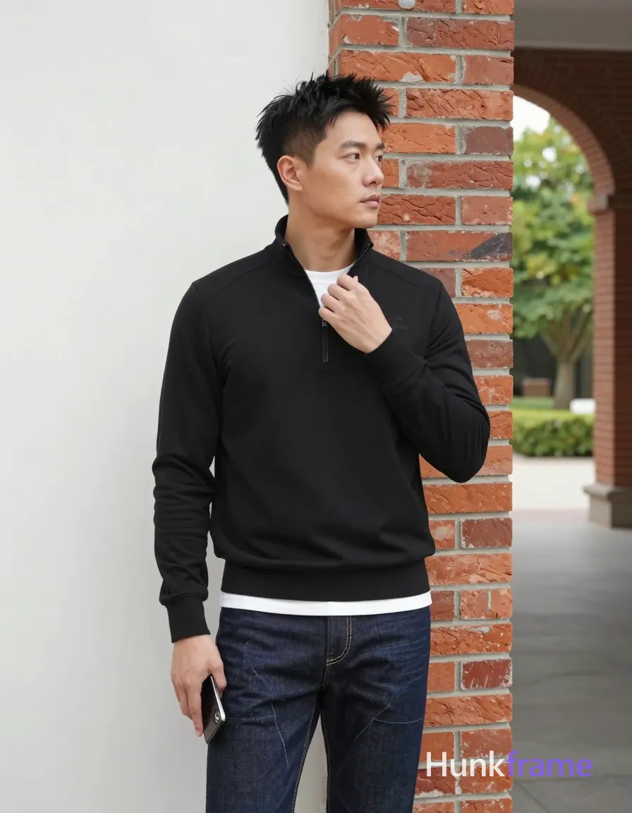 Asian man, light-medium skin, short textured black hair styled upward at the crown with tapered sides and slight flyaways, clean-shaven smooth jawline; Standing upright leaning slightly against a red brick pillar on his right side in an outdoor architectural space; Left hand resting near hip pocket, right hand adjusting collar of black long-sleeve quarter-zip pullover with small embroidered logo over lean build with defined shoulders and arms; White crew-neck undershirt visible at neckline and hemline covering upper chest below neck but exposed above zipper line; Dark wash denim jeans with visible stitching along front seams from head to mid-thighs vertical orientation; Smartphone held naturally in left hand capturing mirror reflection, greenery visible through open archway to right under soft diffused daylight; single clean uninterrupted photograph with a cohesive editorial composition and plain continuous surrounding surfaces