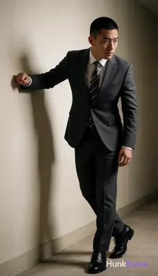 Asian man with short buzz cut and clean-shaven face in a dark gray tailored suit