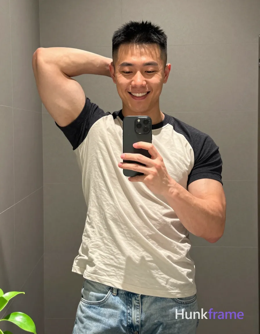 Asian man with short black buzz cut and high fade stands in front of a bathroom mirror, smiling broadly; He wears a two-tone raglan t-shirt with light beige body and dark charcoal sleeves/collar over light-wash denim jeans; His right forearm rests behind his head holding the wrist; left hand holds a black smartphone with pop-up camera at chest level for reflection capture; Indoor setting features gray vertical-tiled walls, partial green plant bottom-left corner; Candid iPhone selfie energy with natural soft frontal ambient lighting highlighting athletic build with defined biceps and shoulders; Waist-to-head framing, centered composition, clean fine-art photography style, shot on iPhone 15 Pro main camera, authentic smartphone computational photography, natural Smart HDR, vertical 9:16 Xiaohongshu lifestyle post, bright clean gym or cafe scene, wardrobe matching reference outfit, confident everyday blogger pose, phone photo with natural grain, phone held naturally in one hand for selfie, phone visible in frame; single clean uninterrupted photograph with a cohesive editorial composition and plain continuous surrounding surfaces