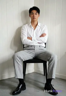 Asian man with short black hair and clean-shaven face, neutral direct gaze seated in a minimalist co