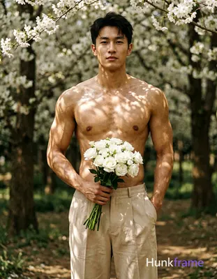 Asian man with light-medium skin standing upright in an outdoor wooded area, torso facing forward. H