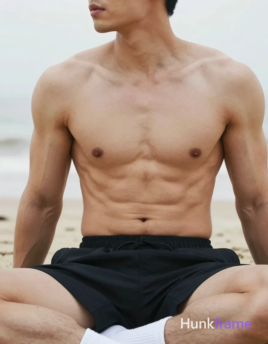A photorealistic photograph of a handsome, masculine male with defined abs and broad shoulders, seated on a serene beach. The image is cropped to show only his torso, with his head tilted slightly to the side but out of frame. Soft lighting and neutral tones create a romantic aesthetic. High image quality with no grain or blur, capturing every detail of his muscular physique in natural light
