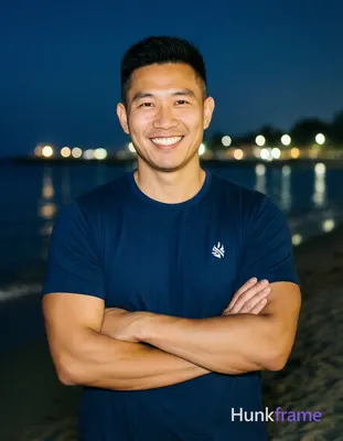 Asian man with light-medium skin and short black hair featuring a textured top a