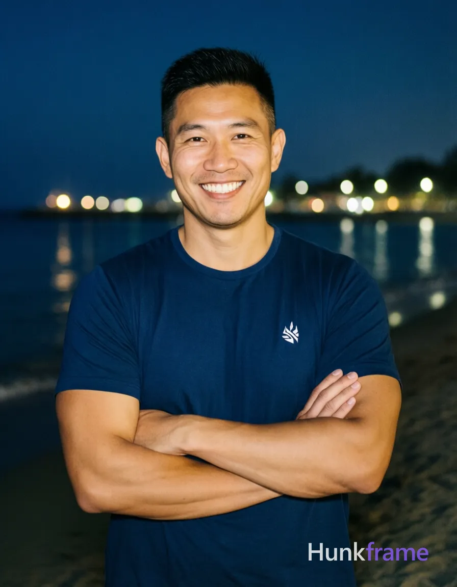 Asian man with light-medium skin and short black hair featuring a textured top and clean sides, clean-shaven face; He stands centered in a vertical portrait frame from head to mid-thighs, arms crossed over his chest facing forward with a broad confident smile showing teeth; Wearing a solid navy blue short-sleeve crew-neck t-shirt with a small white logo on the left chest, fully clothed adult build displaying broad shoulders and defined biceps; Set against a nighttime beach or waterfront background where distant lights reflect softly on water behind him; Low-key ambient night lighting provides soft frontal fill illuminating his face and upper torso while the background retains slightly soft focus for depth; single clean uninterrupted photograph with a cohesive editorial composition and plain continuous surrounding surfaces