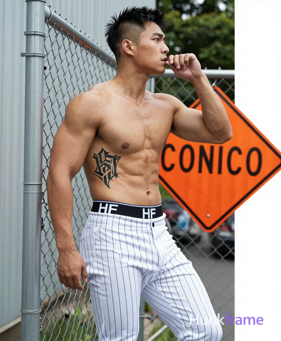 Asian man with light tan skin, short black hair tapered at sides and clean-shaven face, neutral focused gaze upward right; Standing in profile facing right, left arm bent hand near mouth, right arm extended holding orange diamond-shaped CONSTRUCTION sign against chain-link fence; Shirtless adult bare chest entire abdomen left ribcage large black Gothic-style tattoo hips upper thighs visible; an anonymous figure-branded underwear waistband above white pinstriped baseball pants pulled down mid-thigh revealing hip thigh thick legs broad shoulders defined pectorals abdominal muscles; Outdoor urban environment beside corrugated metal wall greenery background natural daylight soft shadows diffused overhead high-contrast fine-art photography sculptural lighting emphasizing musculature confident edgy fashion-forward mood vertical portrait 13:19 aspect ratio HF wordmark replaces any garment text; FULL GARMENT TEXT REPLACEMENT: remove every source garment word, sentence, slogan, logo, and partial brand spelling from every existing print area, then replace those source marks with only the wordmark, spelled exactly "HF"; This is replacement, Repeated "HF" marks are allowed only where the source garment already; single clean uninterrupted photograph with a cohesive editorial composition and plain continuous surrounding surfaces