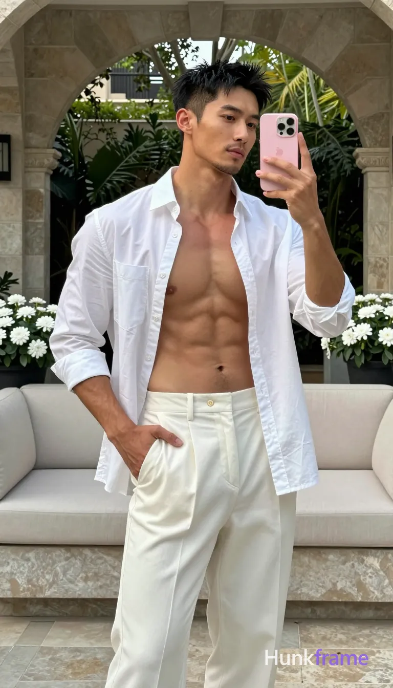 Asian man medium-dark tan skin standing upright in full-body vertical portrait, shirtless with white long-sleeved button-up worn open from collarbone down sleeves rolled to mid-forearm and off-white high-washed pleated trousers; Left hand inserted into front trouser pocket right arm raised holding pink iPhone for mirror selfie torso slightly angled toward viewer; Outdoor patio stone archway background potted white flowers cushioned seating area natural daylight soft shadows diffused sunlight green foliage stone gray architecture clean lines minimal distractions sculpted physique emphasized through lighting broad shoulders defined pectorals visible abs thick thighs confident sophisticated luxurious mood high-fashion editorial aesthetic, shot on iPhone 15 Pro main camera, authentic smartphone computational photography, natural Smart HDR and true-to-life skin texture, vertical 9:16 Xiaohongshu lifestyle feed, bright clean everyday scene, unretouched phone photo with subtle sensor grain, trendy Chinese internet 网红 aesthetic, candid influencer energy, phone held naturally in one hand for selfie, phone visible in frame; single clean uninterrupted photograph with a cohesive editorial composition and plain continuous surrounding surfaces