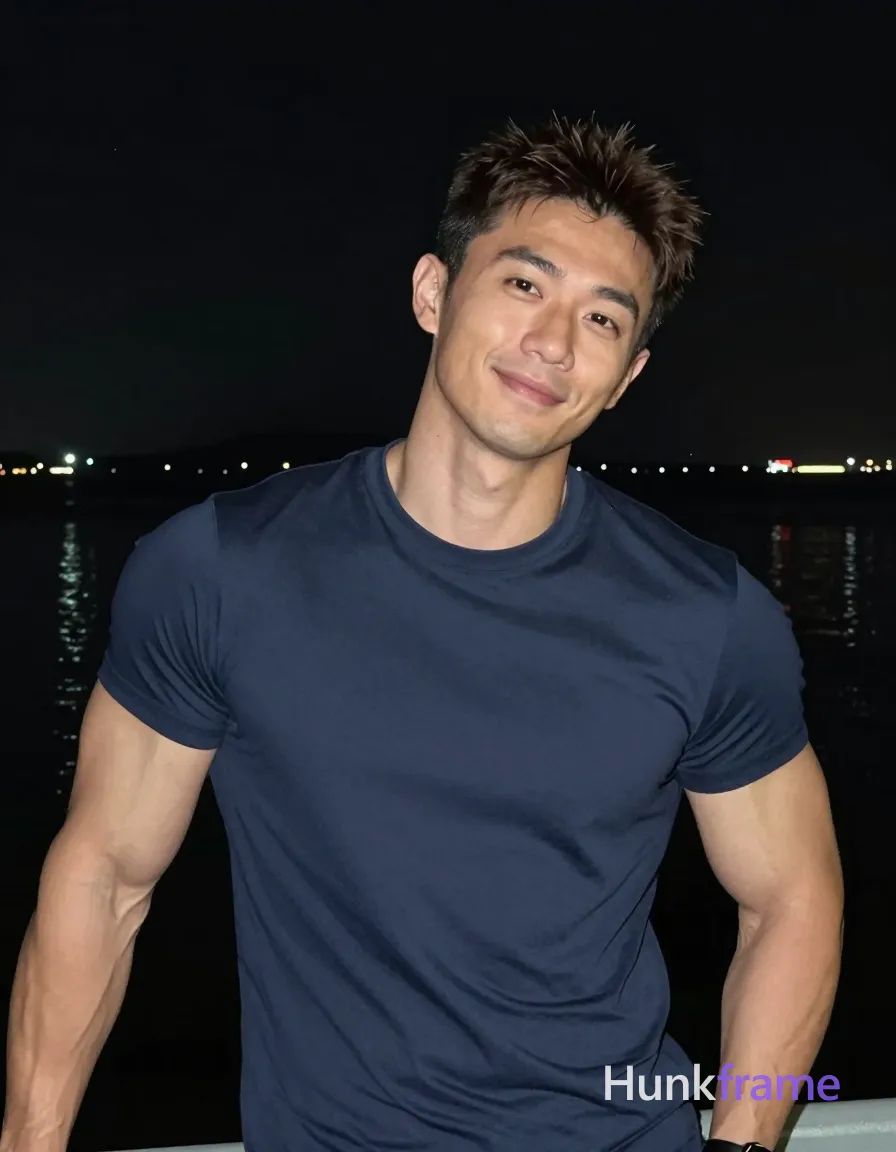 Asian man with light to medium tan skin and short dark brown textured hair, clean-shaven face wearing a subtle confident smile with head tilted right; Standing relaxed in night photography low-light capture; torso angled toward camera, left arm bent near hip partially out of frame, right arm extended downward cropped from view; Wearing dark blue short-sleeve t-shirt fully clothed athletic build defined shoulders and biceps against black background with distant city lights and water reflections visible behind subject; Portrait centered head and upper torso fully visible lower body cropped at waist hips vertical portrait orientation 13:19 aspect ratio candid iPhone rear-camera snapshot energy real lifestyle scene trendy influencer vibe social feed look photo medium; single clean uninterrupted photograph with a cohesive editorial composition and plain continuous surrounding surfaces