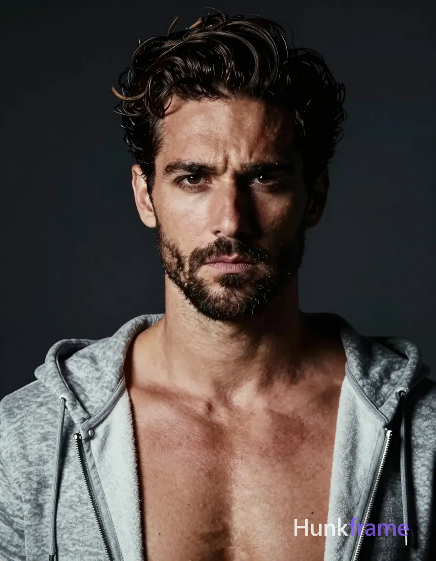 Adult man with medium-tan skin, dark brown thick wavy hair styled upward and back, short textured beard. Head-and-shoulders close-up portrait centered in vertical frame, shoulders cut off at bottom edge. Shirtless adult bare chest exposing neck and pectoral muscles under unzipped light grey or muted blue-grey zip hoodie to mid-chest. Torso angled slightly right while face faces camera directly with serious expression and slight furrowed brow. Studio dark background with dramatic directional lighting from upper left casting soft shadows on the right side of face. High-contrast portrait photography, fine-art editorial aesthetic., a single uninterrupted photograph only, no written words or typography anywhere in frame, no captions, no app UI, no social-media post layout, no screenshot borders