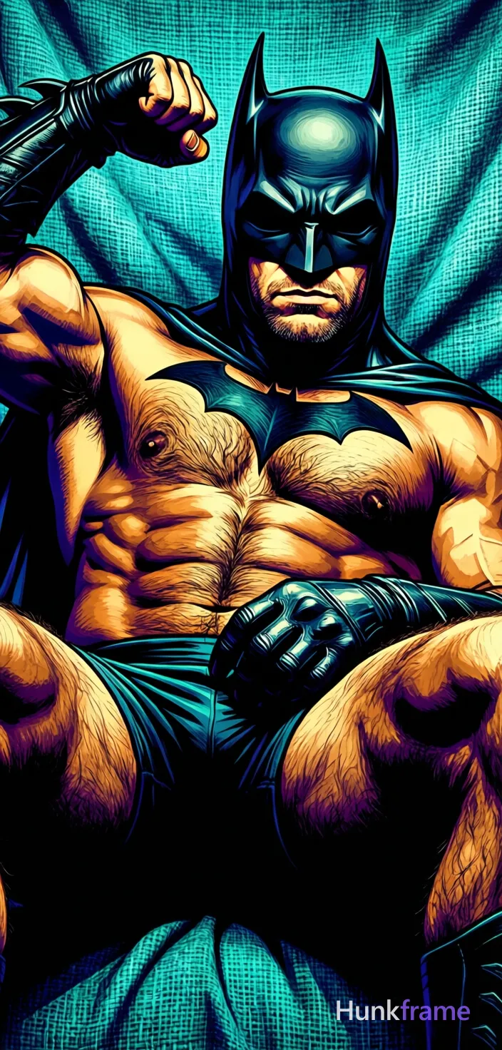 Bold flat-color wall art poster of adult man reclining on back, left arm flexed with fist raised near shoulder and right hand resting across lower abdomen. Shirtless figure wears black Batman cowl covering head and neck with visible chest emblem. High-contrast color blocking defines medium-brown skin against blue-green woven fabric background. Vertical portrait close-up angled slightly to the right with clean vector lines emphasizing thick thighs., a single uninterrupted photograph only, no written words or typography anywhere in frame, no captions, no app UI, no social-media post layout, no screenshot borders