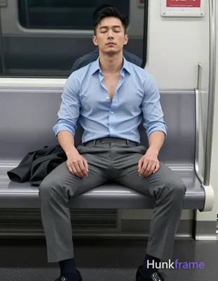 An Asian man with light-medium skin and short black hair styled back sits on a subway bench, eyes cl