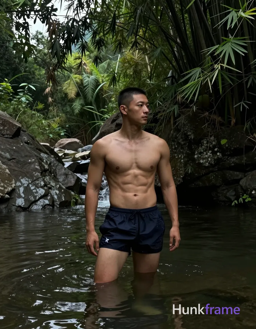 Asian man with medium-tan skin and short black buzz cut stands shirtless in waist-deep river water, body angled slightly right while head turned left; He wears dark navy swim trunks with subtle patterned texture on thighs; chest is bare showing defined pectorals and abdominal muscles; Vertical portrait framing captures full body against steep rocky banks and dense green bamboo foliage under diffused overcast daylight; High dynamic range highlights shadowed rock faces and sunlit water reflections, creating a serene solitude mood in fine-art photography aesthetic; single clean uninterrupted photograph with a cohesive editorial composition and plain continuous surrounding surfaces
