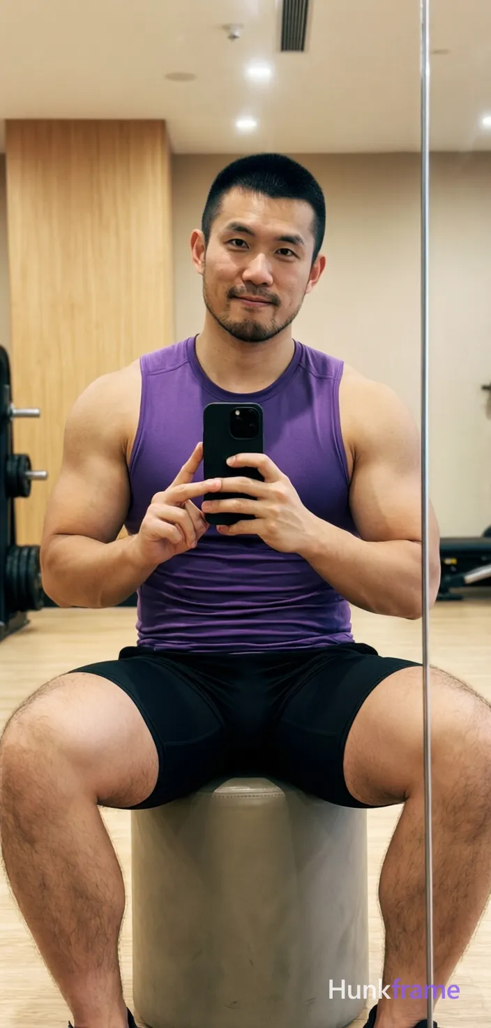 Asian man with short black buzz cut and light stubble sits centered in a gym mirror reflection on a cylindrical ottoman, right leg bent foot resting on left knee; He wears a tight purple sleeveless athletic tank top exposing chest hair and abdomen over broad shoulders and thick thighs, paired with mid-thigh black compression shorts; Holding a black smartphone with both hands to capture the view, thumbs poised for interaction under soft ambient indoor lighting from overhead fixtures against light wood paneling and beige walls; Slightly tilted angle portrait composition emphasizing defined pectorals and muscular calves in confident casual mood; single clean uninterrupted photograph with a cohesive editorial composition and plain continuous surrounding surfaces